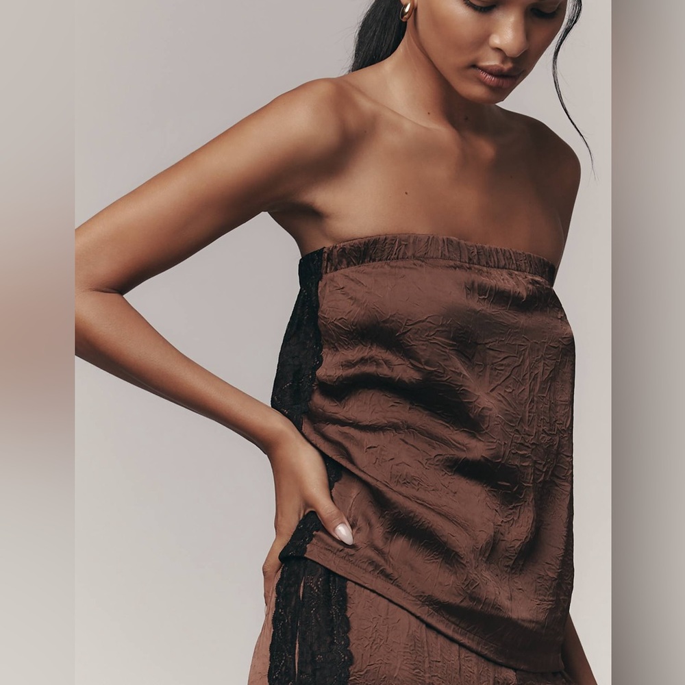 Anthropologie Brown Satin Strapless Top with Black Lace Details Women’s Medium